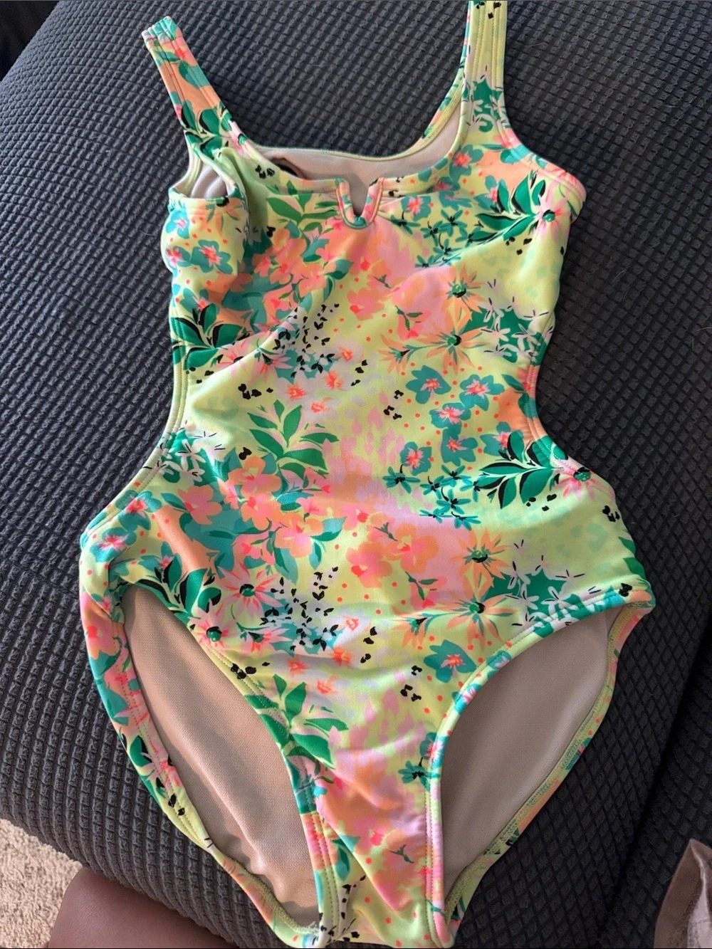 art class Girls' One-Piece Swimsuit in Neon Green, Pink, Teal Floral